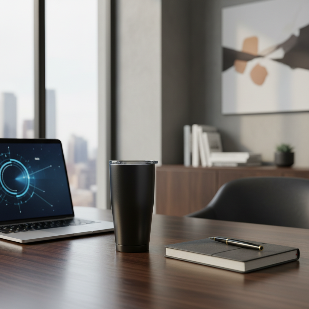 세련된 오피스 환경에서 최신형 노트북과 다이어리 옆에 놓인 미니멀한 디자인의 검정색 텀블러