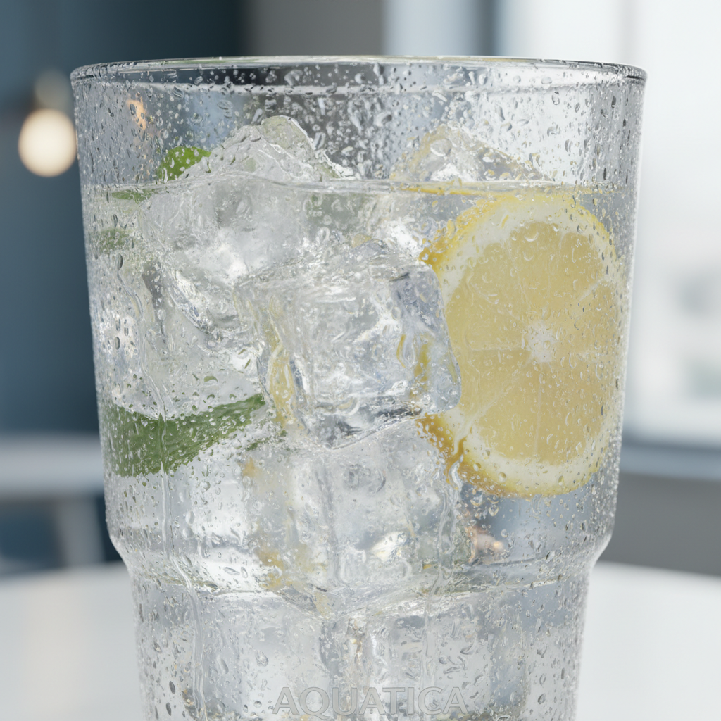 시원한 얼음이 가득 담긴 투명한 텀블러 표면에 맺힌 이슬방울을 강조한 고화질 접사 이미지